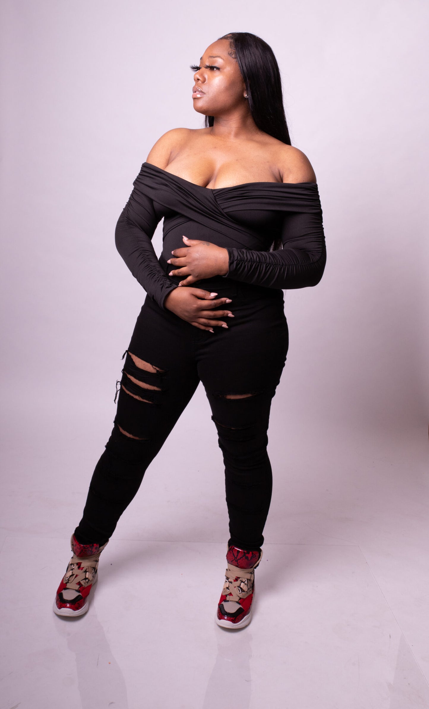 Stunner Black Rushed Off the Shoulder Bodysuit